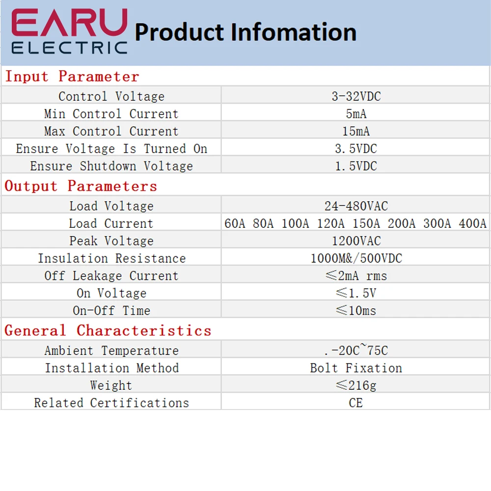 Industrial Solid State Relay SSR Module Single Phase Input 3-32VDC Output 24-480VAC Industrial 60A 80A 100A 120A 150A 200A 300A