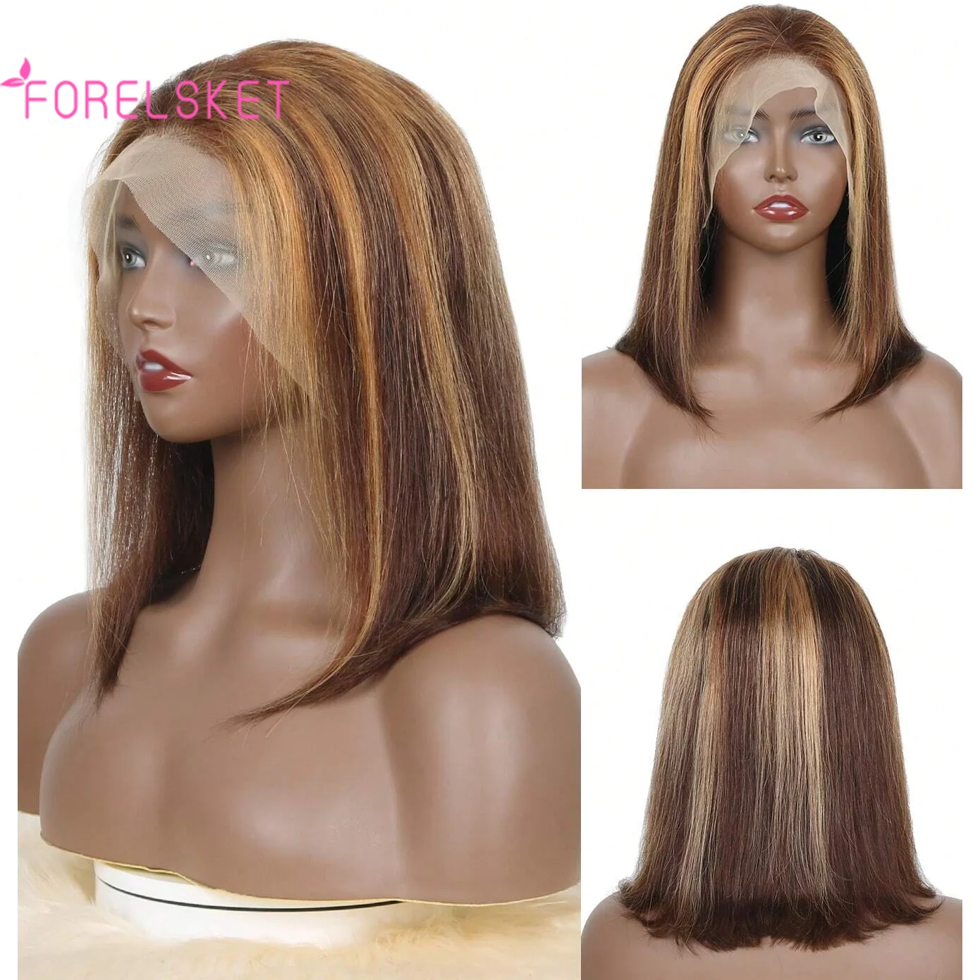 Bob Wigs Brazilian Straight 13x4 Lace Front Bob Wig Sleek Remy Human Hair Wig Highlight P4/27，Red-brown，Blonde 613，natural color