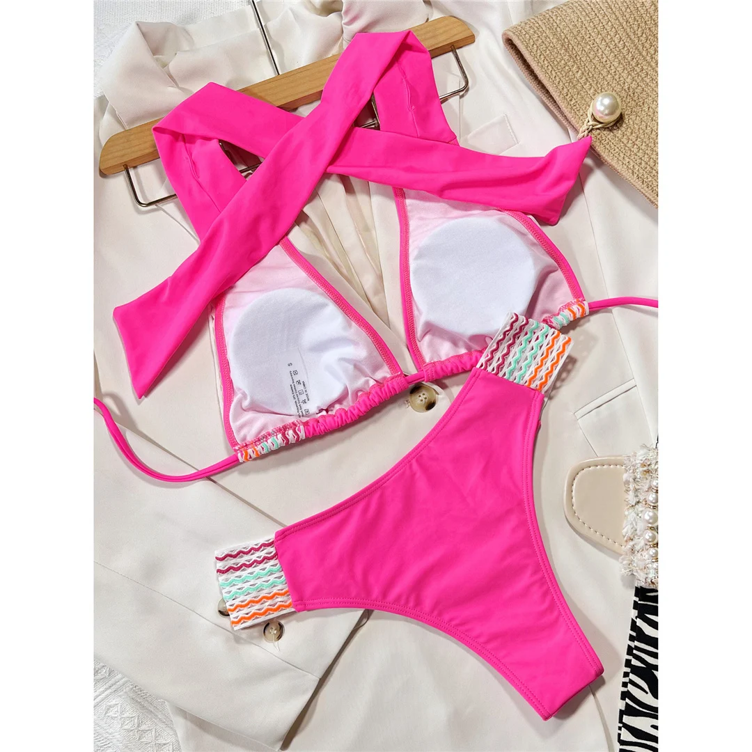 Sexy Splicing Neckholder Bikini mit mittlerer Taille, Damen-Badebekleidung, zweiteiliger Bikini-Set, gepolsterter Badeanzug, Badeanzug, Schwimmanzug V4273 – Detail 4