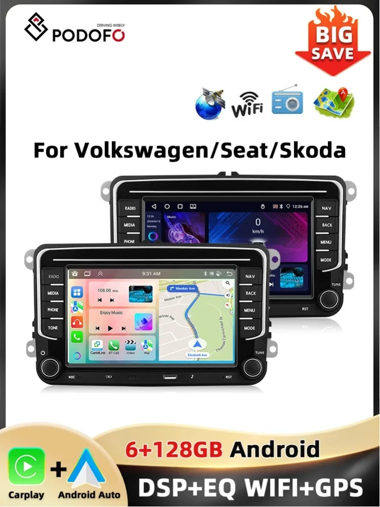 Podofo 6 + 128G 7'' Radio Samochodowe Dla VW/PASSAT/CADDY/POLO/BEETLE Odtwarzacz Multimedialny Carplay Android Auto Type-C WIFI GPS Audio Samochodowe — 2