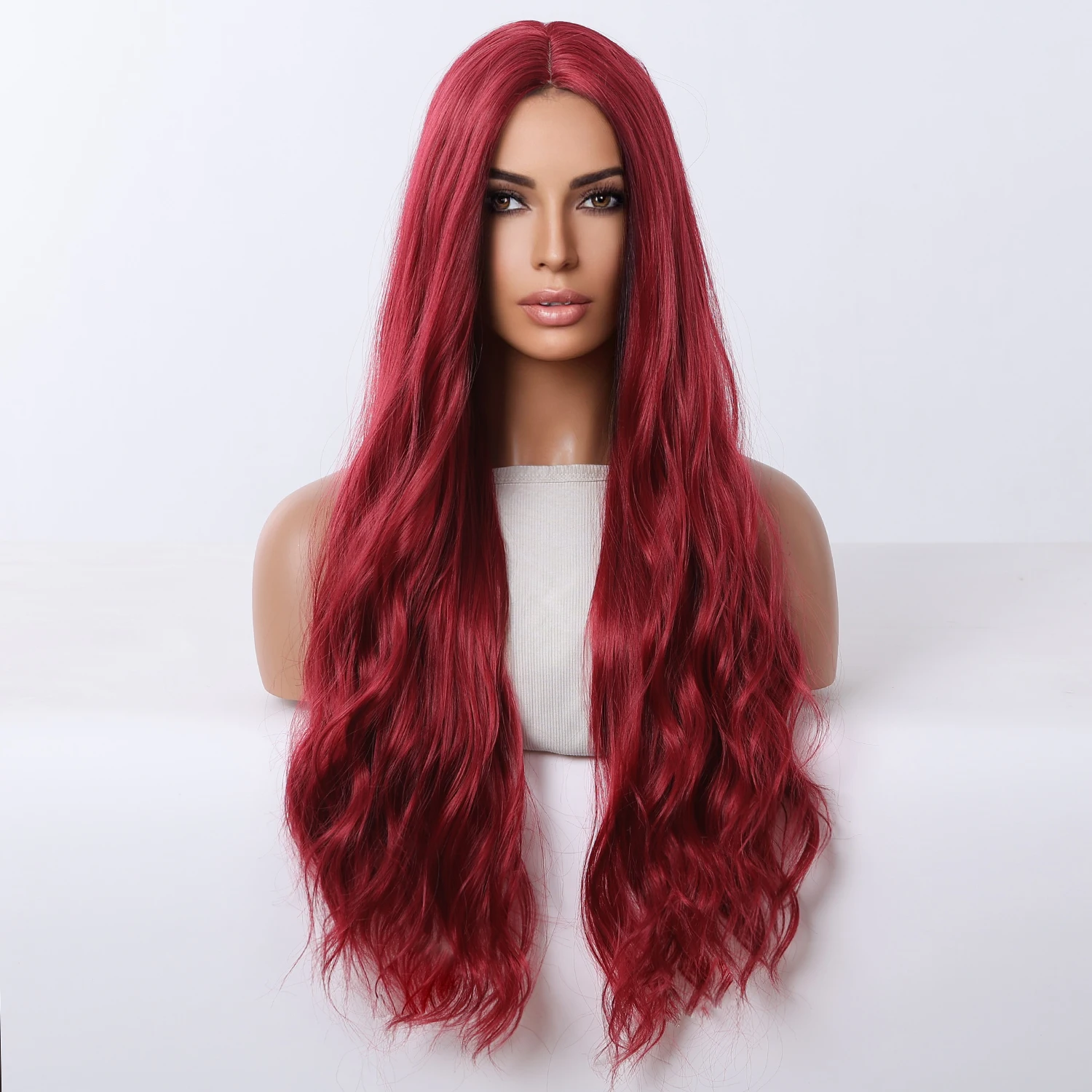 Natural Realistic Wine Red Medium Part Long Curly Hair Everyday Use Synthetic Wig Novice Friendly Heat Resistant Curly Hair