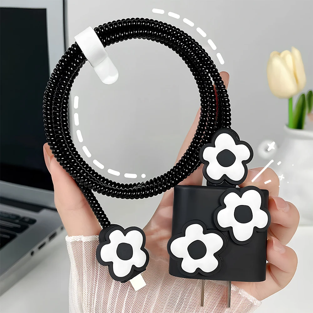 3D Simple Black Flower Wave Charger Protector Suitable For iPhone 18W-20W US Data Line Charge Protection Cover Cable Organizer