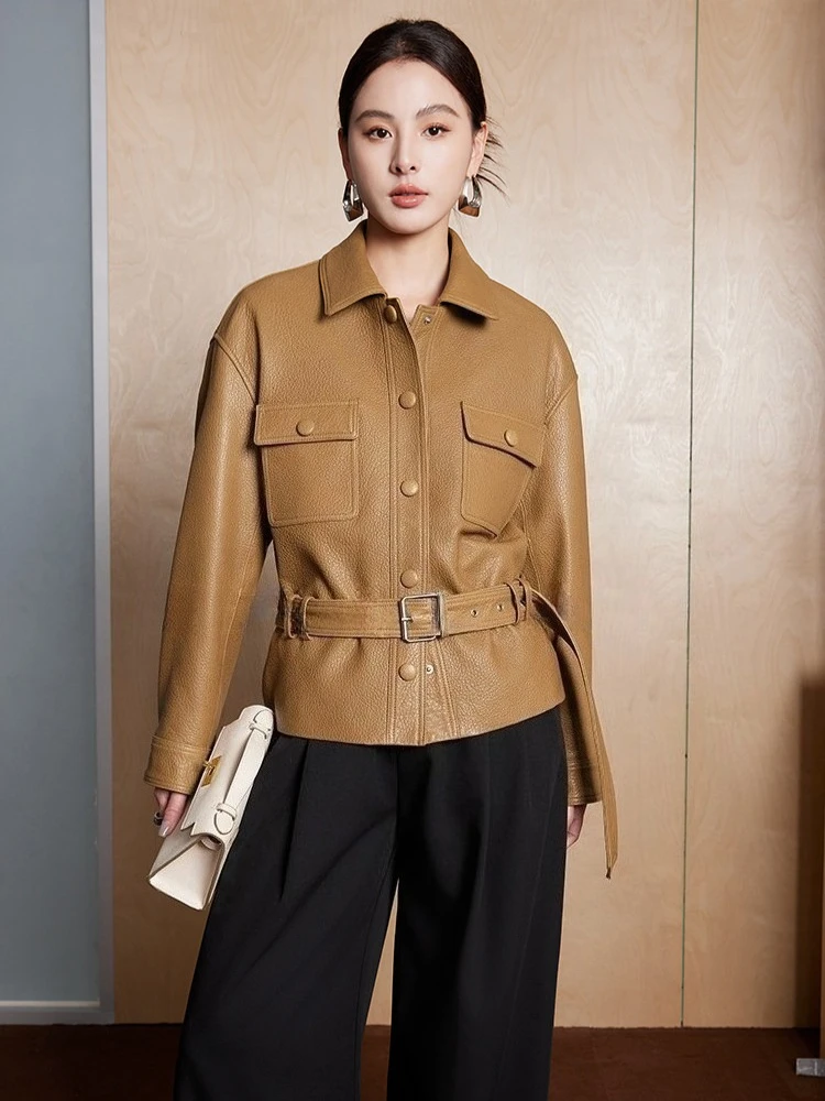 

Vintage Short Genuine Leather Jackets for Women High-end Simple Simple Solid Lychee Texture Real Sheepskin Coat with Belt