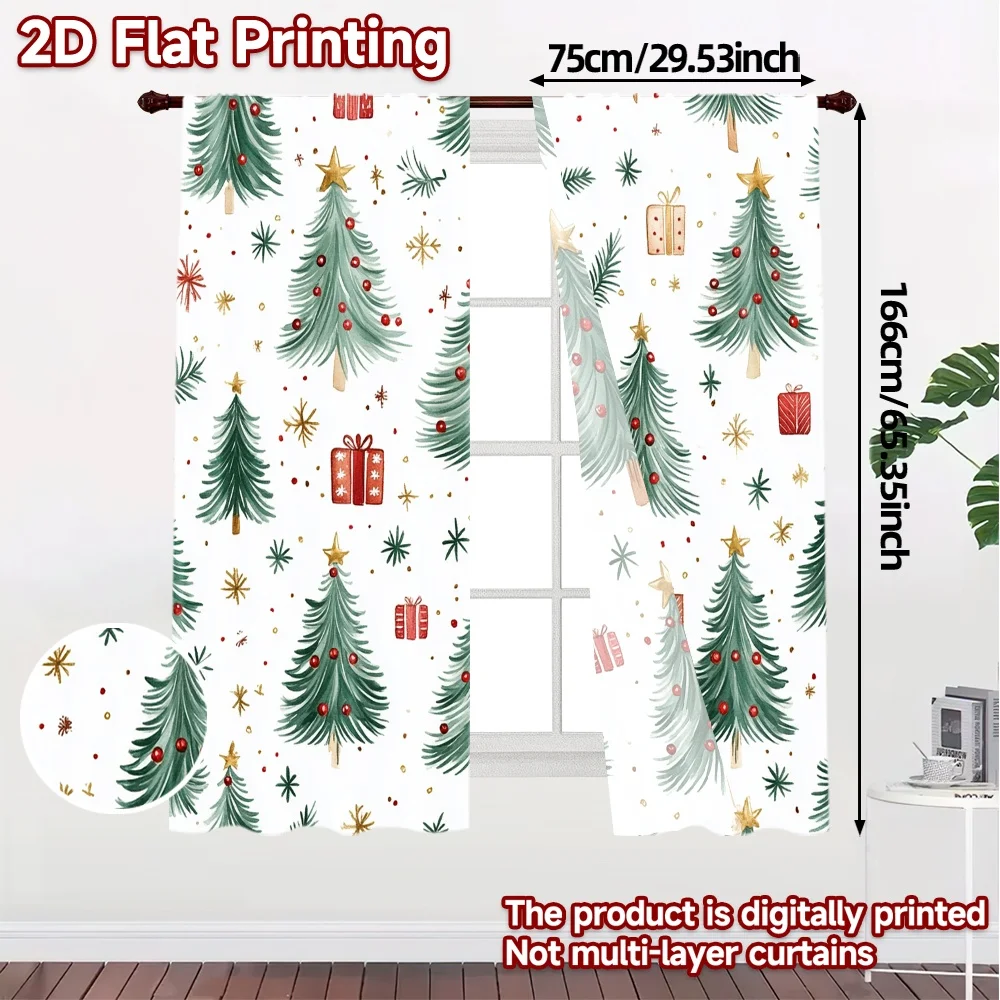2pcs,Curtains Christmas Tree Watercolor (2) Modern Curtains Polyester Easy Install Curtains Holiday for Bedroom, Office,