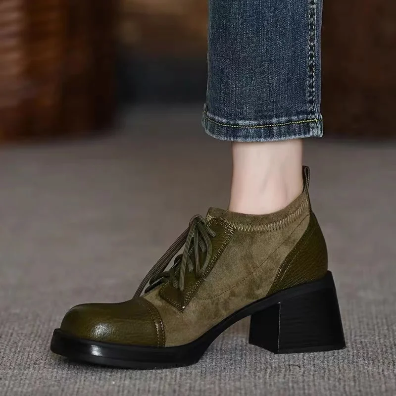 

New Style Fashion Women's Casual Shoe Solid Color Shoes for Women Lace Up Round Toe Chunky Heel Ladies Dress Shoes Zapatos Mujer