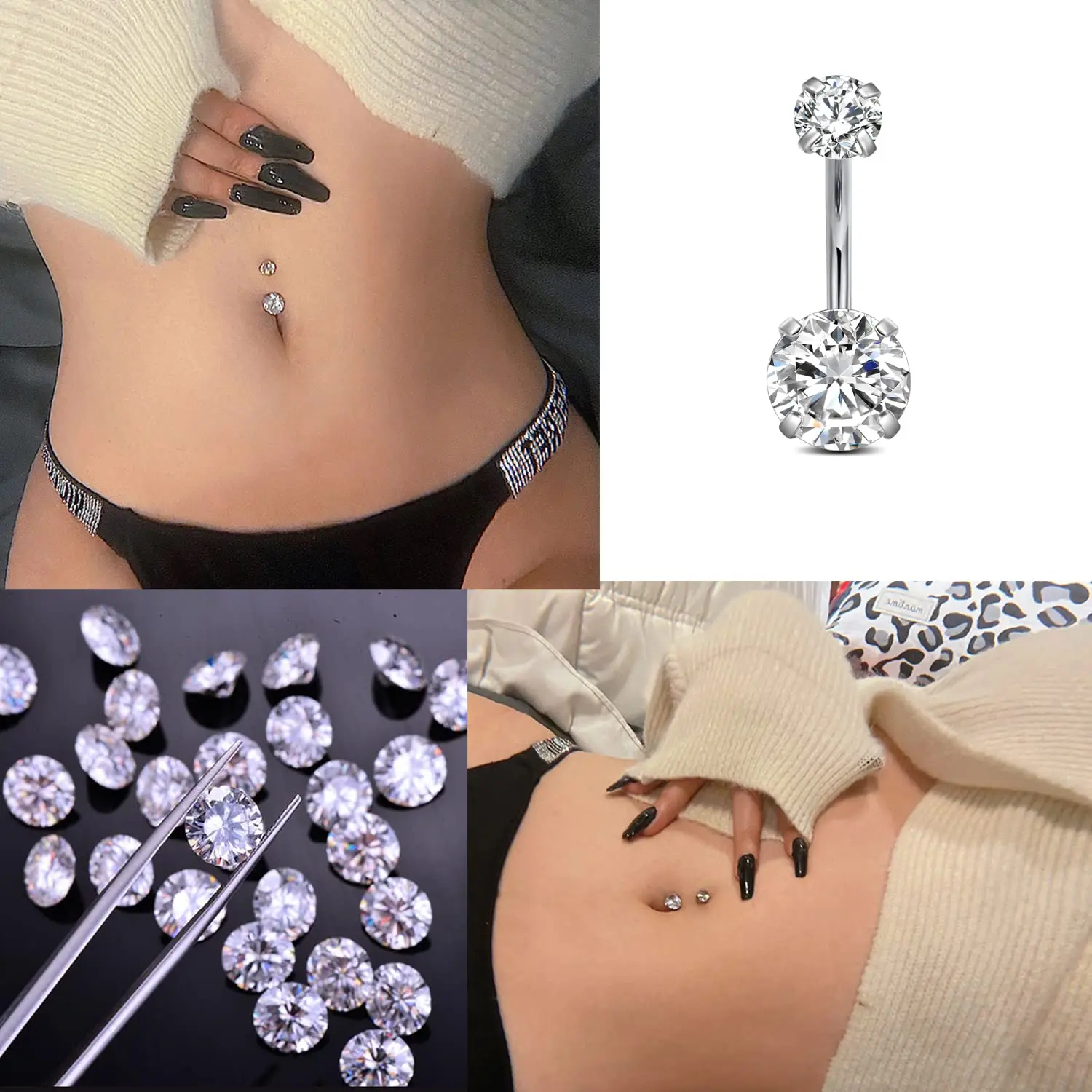 1Pcs/6Pcs Zircon Belly Button Ring Set Surgical Stainless Steel for Women Navel Piercing Jewelry Silver Different Styles