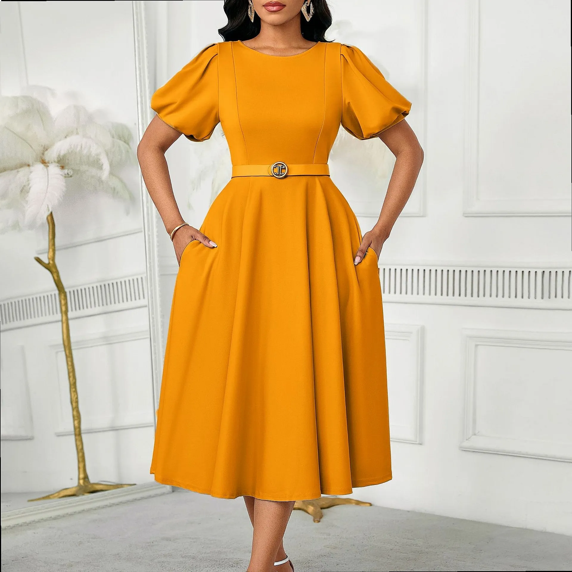 Elegant Bubble Sleeve High Waist Solid Color Round Neck Flared Dress Summer Women's Dresses