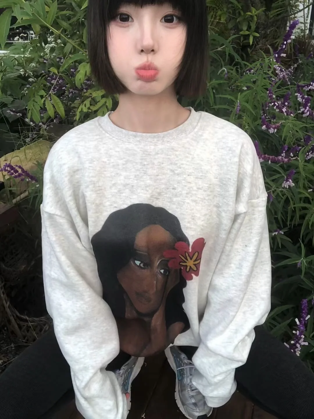 Star Also American Retro Abstract Figure Print Loose round Neck Fleece Women's Sweatshirt Lazy Top Comfortable Cotton Crew Ne...