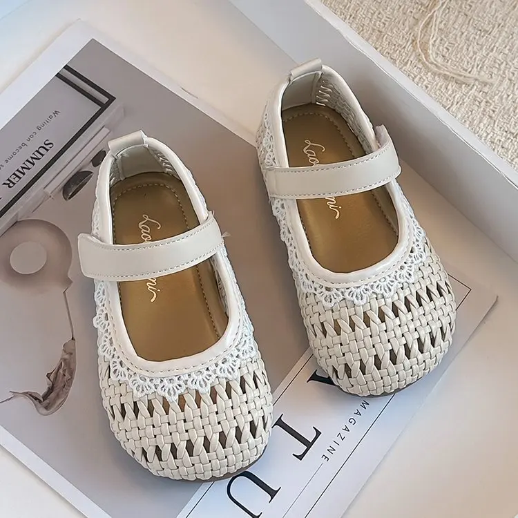 Girls Flat Shoes Weave Trendy Kids Princess Shoes Round Toes Versatile 2026 Summe New Children Casual Shoes  Soft Bottom
