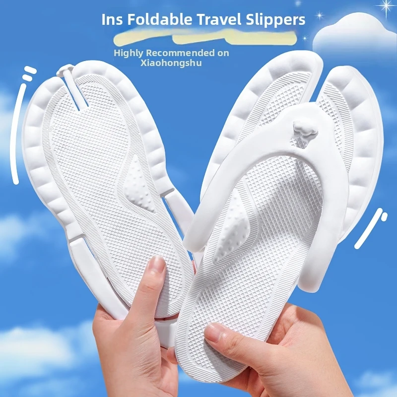 

1Pair White Portable Folding Slippers for Business Trip Couple Beach Flip-flops Hotel Bath Anti-skid Slippers Folding Slippers