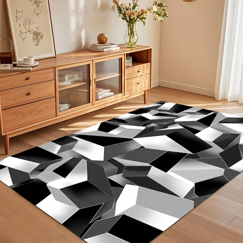 3D Geometric Cube Black White Area Rug Non Slip Wear Resistant Washable Entryway Floor Mat for Living Room Bedroom Modern Decor
