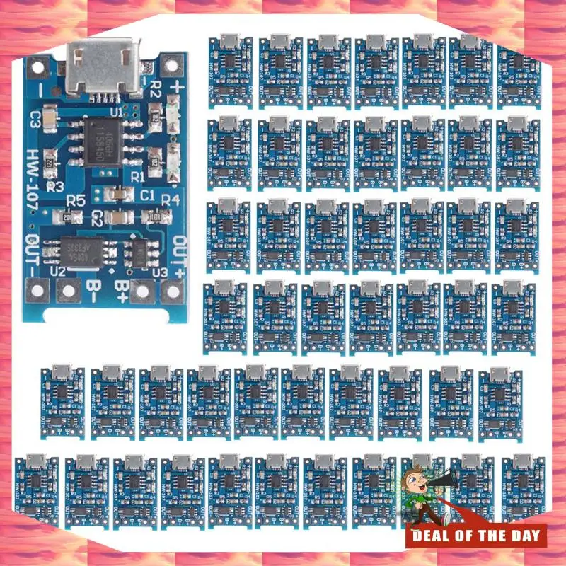 

24-часовая доставка, 50 шт. TP4056 Micro-USB 18650, плата для зарядки литиевой батареи, 5 В, 1 А, модуль зарядного устройства, синяя печатная плата
