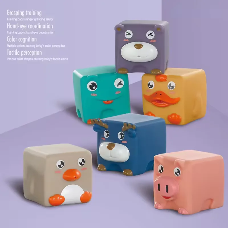 6 Colors Random Gifts Blocks Toy Silicone Toys Rubber Months Cube 3D Sensory Kids Bath Touch 6 Pcs Grasp Stacking