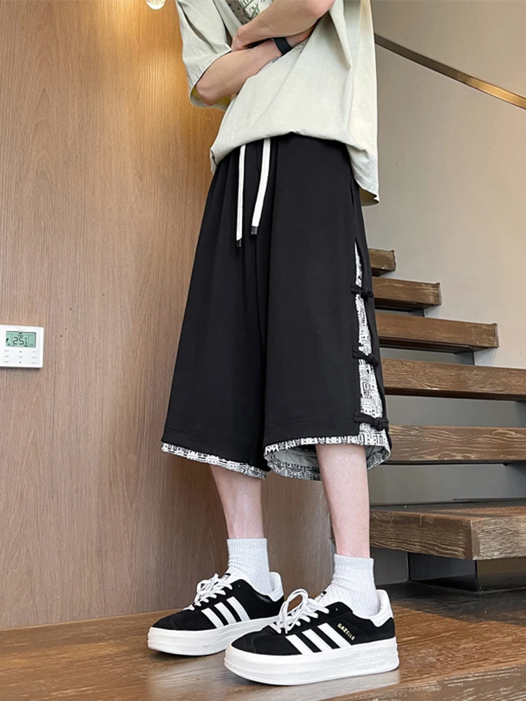 

New Chinese Style Casual Loose Straight Leg Men's Seven-Foot Pants Summer Trendy Brand Patchwork Print Comfortable Shorts