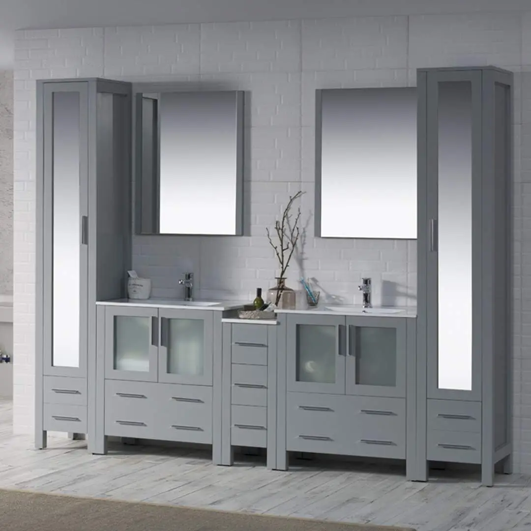 casa.102-In. Vanity da bagno doppio in legno massello con lavandini in ceramica, armadietto laterale e armadio in lino con doppio specchio |   Freestandi