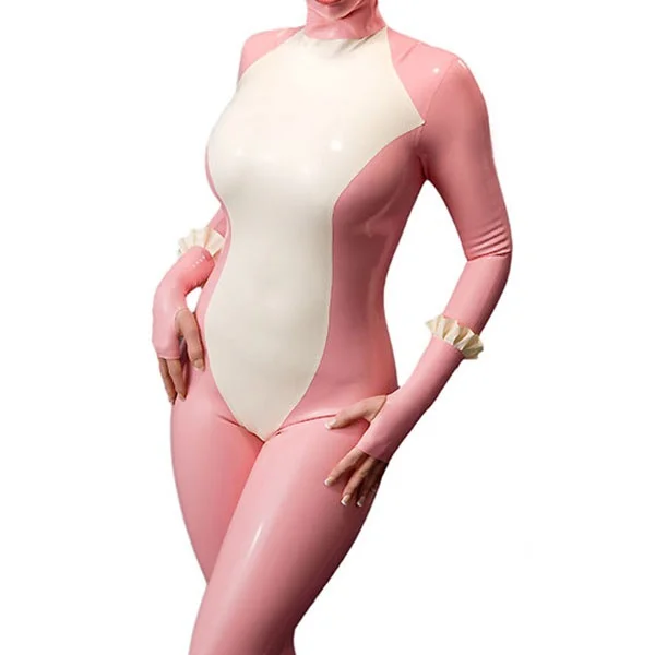 

Latex Rubber Suit Cute Lace White and Pink Sexy Tights Bodysuit Catsuit Full Body Size XS-XXL