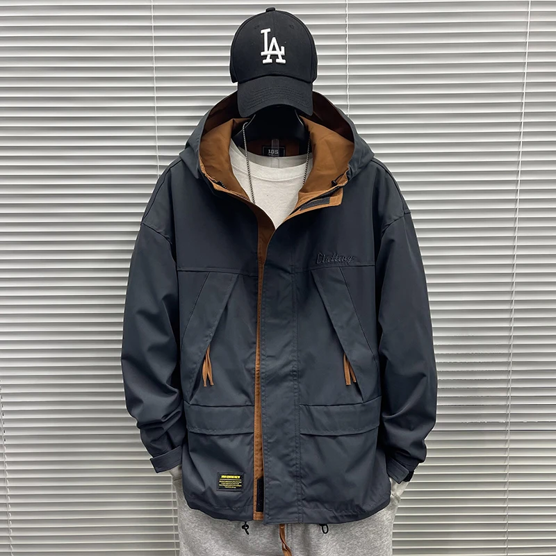 

Модная мужская рабочая куртка свободного кроя для активного отдыха, весна-осень, повседневная, с капюшоном, из полиэстера, с длинными рукавами, на молнии