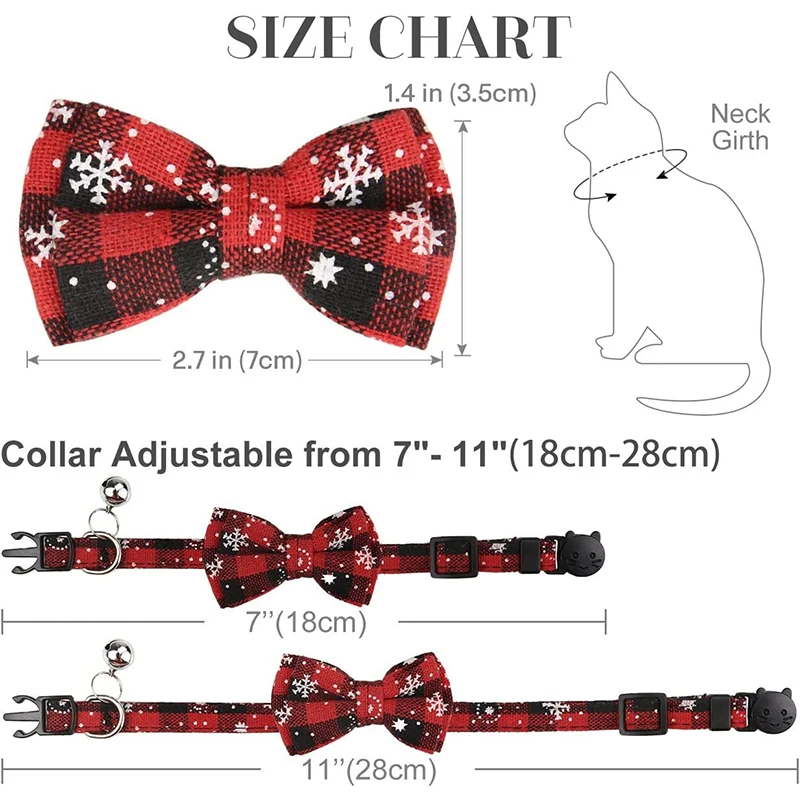 Breakaway Cat Collar with Bell and Bow Adjustable Christmas Plaid Pattern Puppy Collar Cat Necklace Kitten Accessories Chihuahua