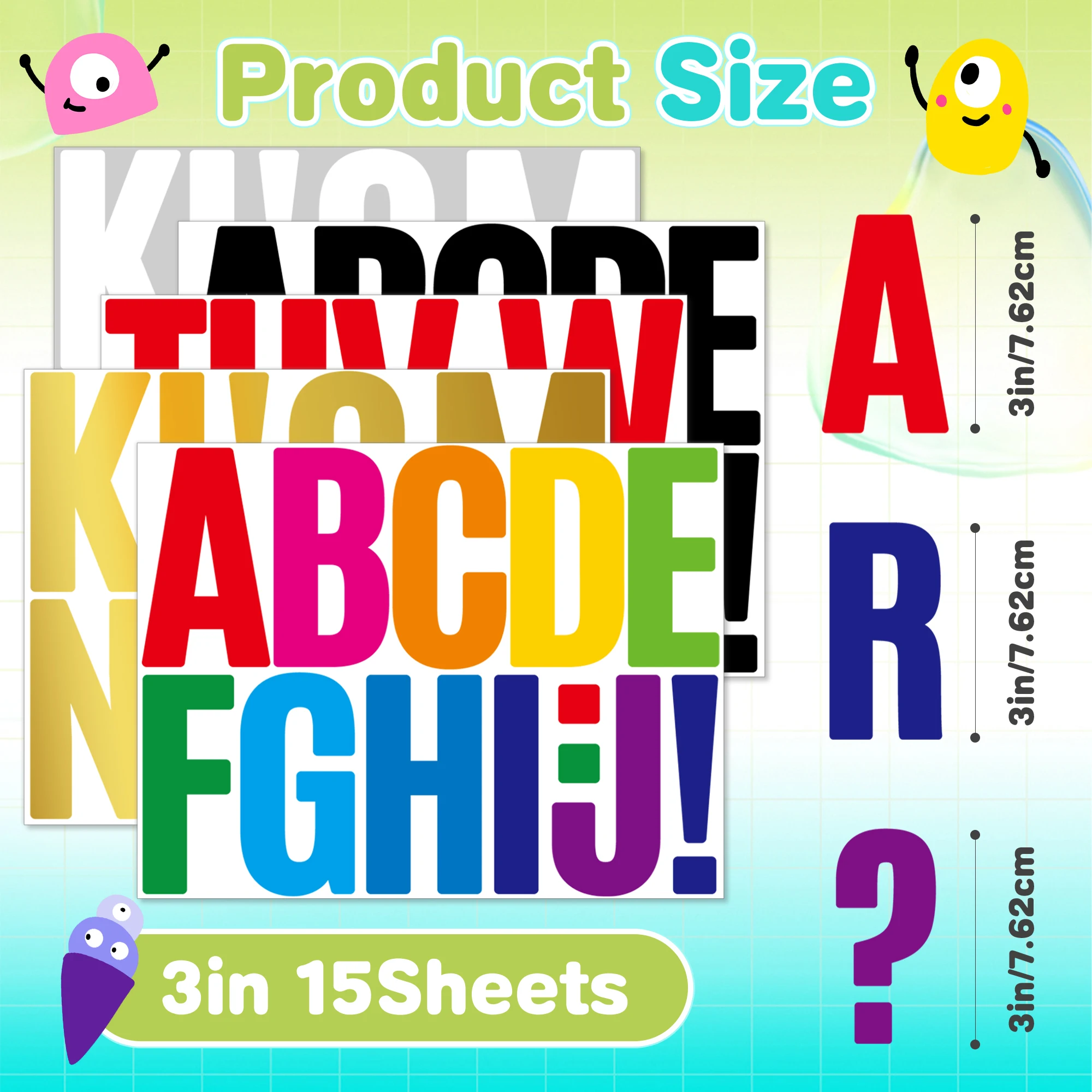 180Pcs 3 Inch Letter Stickers, 15 Sheets Large Multicolor Vinyl Alphabet Stickers, Self-Adhesive Waterproof for Bulletin Board