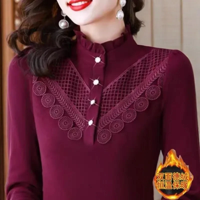 Threaded velvet base Shirt for women 2026 Autumn Winter Slim Warm Top For women Tight fitting Slimming Long sleeved T-shirt