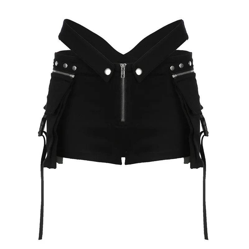 ストリートウェア ホットパンツ ゴス Y2K ファッション ビッグポケット ローウエスト ショートパンツ レディース オルタナティブ ボトムス モール ゴシック スリム ショートパンツ パンクパンツ