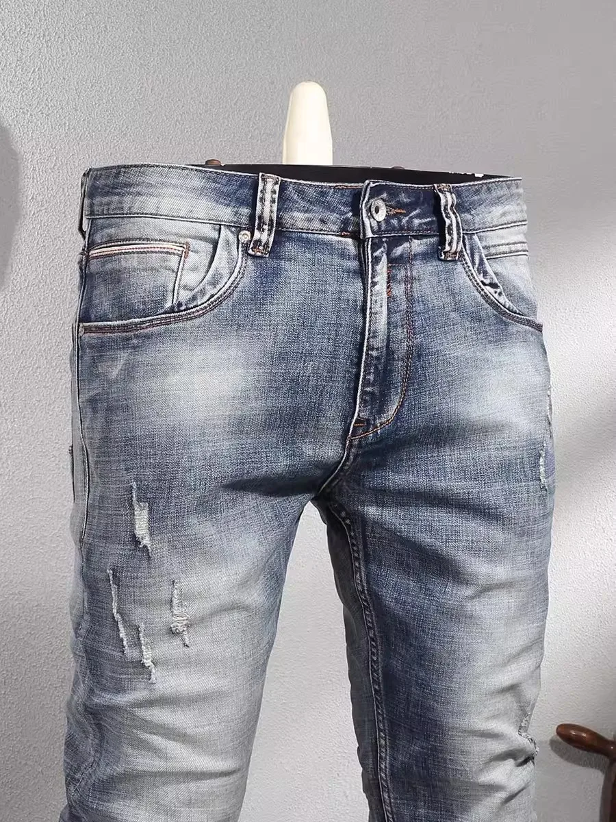 Fashion designer men's jeans, high-quality retro washed light blue elastic slim fit slit jeans, men's retro casual denim pants,