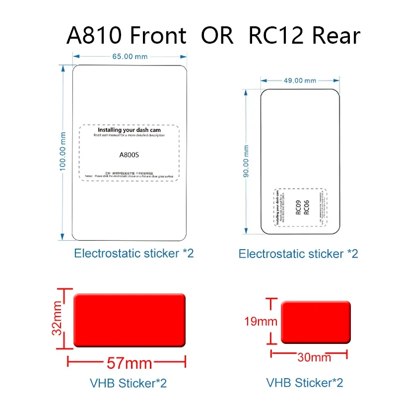 Adesivo Adequado para 70mai Dash Cam A810 A800S, câmera traseira, estática, adesivo VHB, RC06, RC12, adesivo VHB