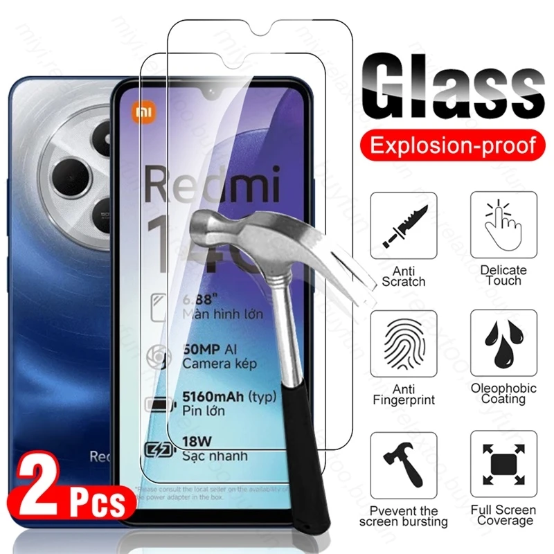 2 Stück 9H gehärtetes Glas Displayschutzfolie für Xiaomi Redmi 14C 4G Schutzglas auf Redmi14C Radmi Redmi 14 C 13C 12C 10C 9C NFC