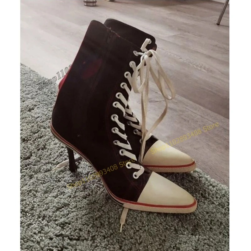 Stivaletti stile sportivo incrociati neri stivaletti in pelle verniciata a punta tacco alto sottile scarpe da donna 2023 Sexy Zapatos Para Mujere