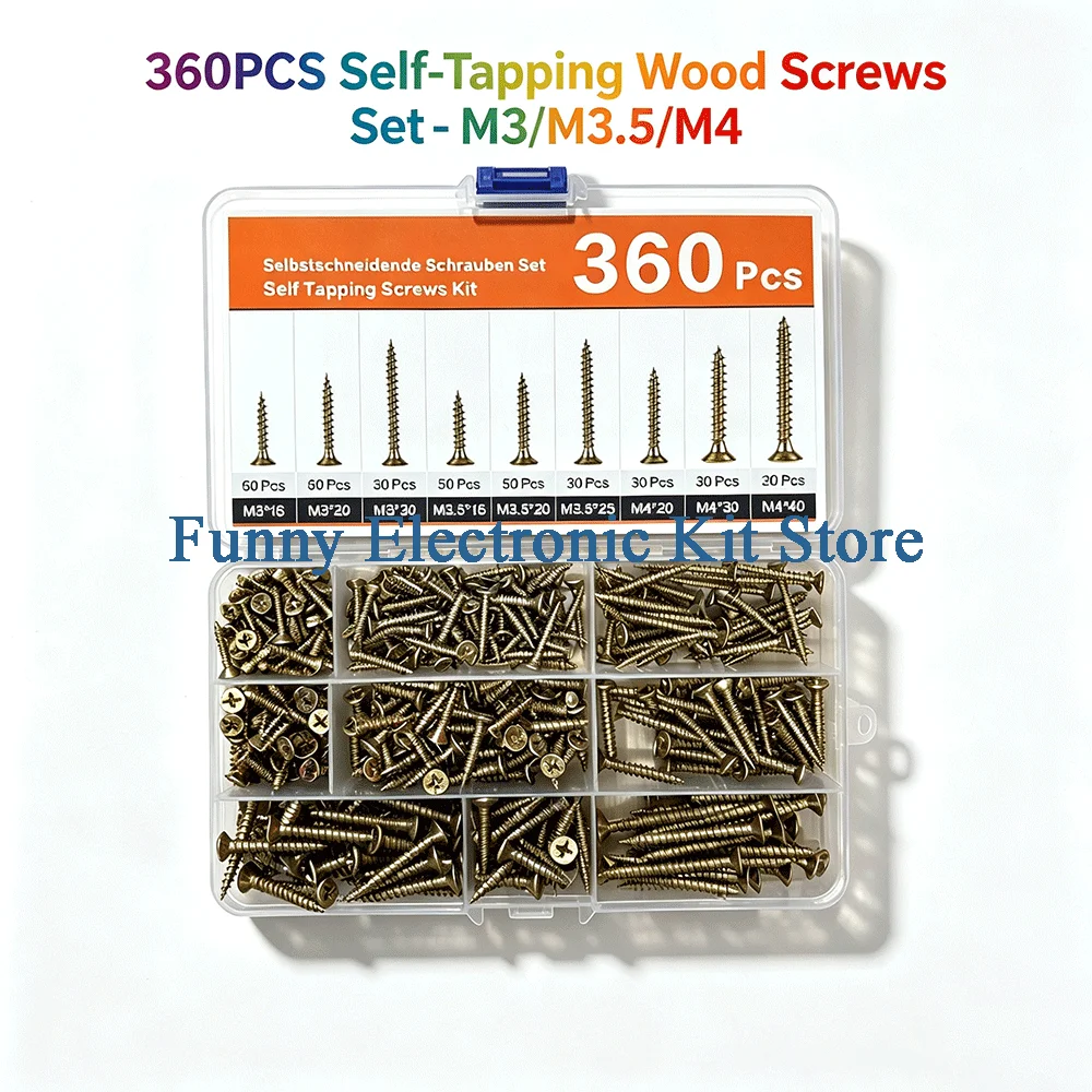 Conjunto de 360 Parafusos Autoatarraxantes para Madeira M3/M3.5/M4 com Cabeça Escareada para Projetos de Marcenaria e Reparos DIY