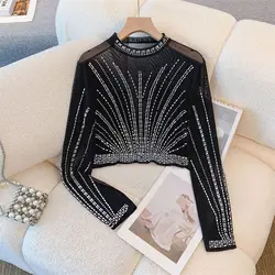 Chic Sexy Diamonds Elastic Mesh Crop Tops Long Sleeve Y2k Clothes Sexy Tops Party Club T-shirt Streetwear Slim Black Tees Goth