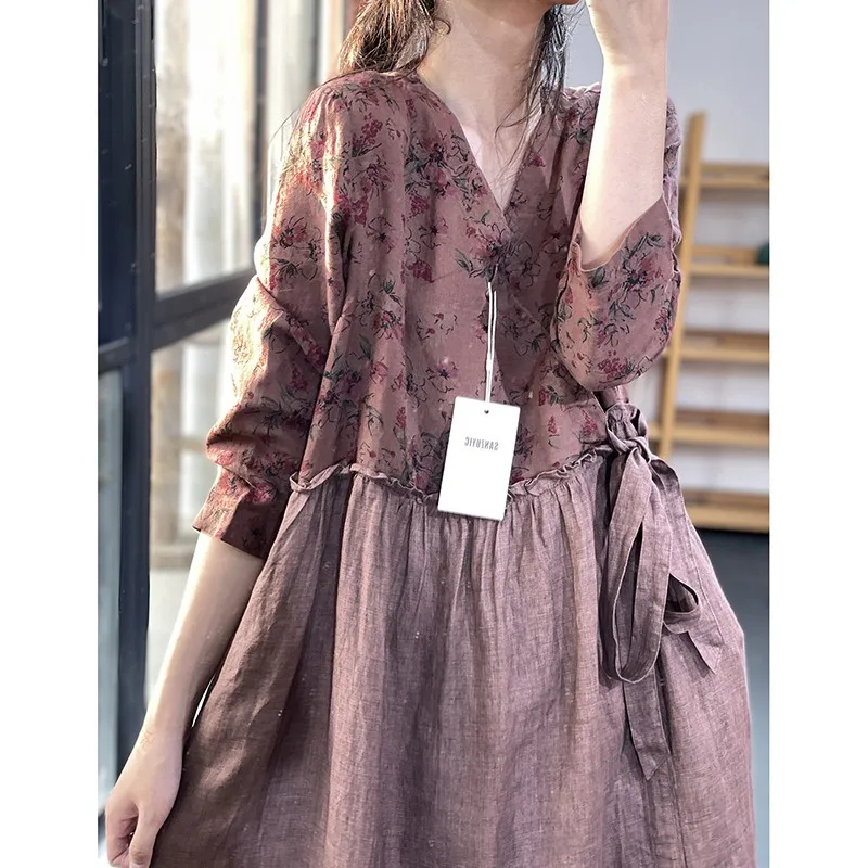 2023 Spring Summer New Arts Style Women V-neck Loose Long Dress Patchwork Design Cotton Linen Vintage Print A-line Dresses P251