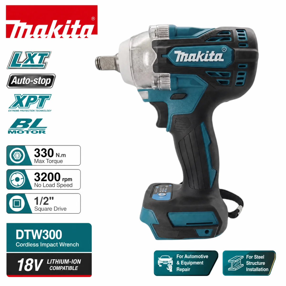 For Makita 18V Battery DTW300 Impact Wrench  Brushless Tool, 330Nm Torque 1/2