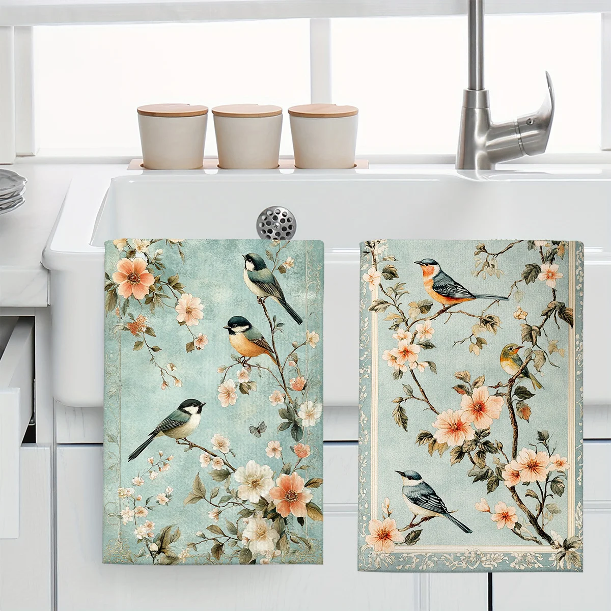 1pc Vintage Flower & Bird Printed Scrub Cloth,Soft Absorbent
