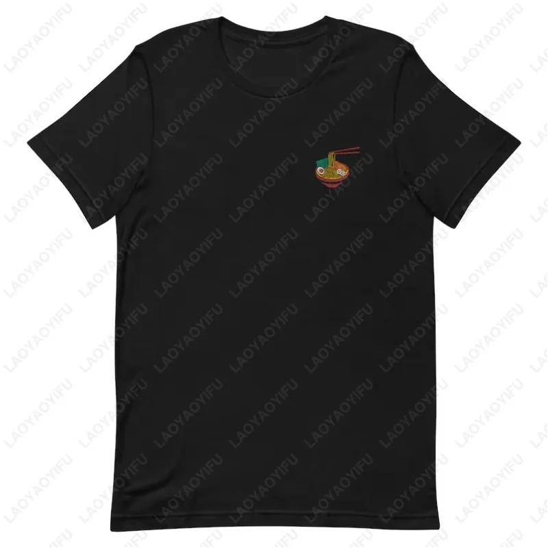 Camiseta bordada Ramen, camisetas de algodón con dibujos animados de sopa de fideos Tonkotsu japonesa para hombre y mujer, camisetas sencillas de estilo nuevo inspiradas en Tokio