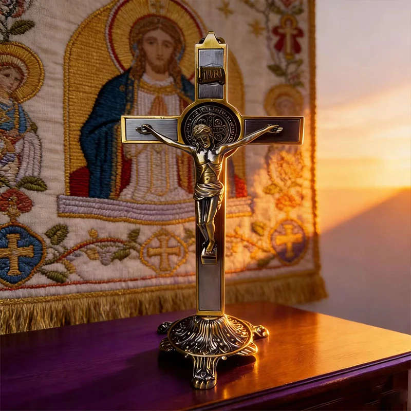 

New2026 Traditional Standing Catholic St Benedict Crucifix with INRI Engraving for Church Altar and Prayer Space Decoration Gift