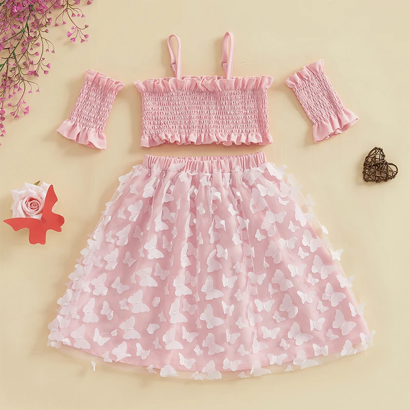 Toddler Girl Summer Outfit Set with Sleeveless Smock Camisole Arm Sleeve and Floral A-Line Skirt - Kids Butterfly Print