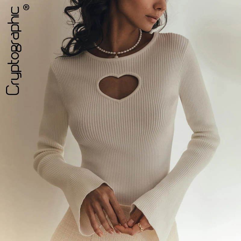 Cryptographic Fall 2024 Heart Cut Out Ribbed Knit Tops for Women Elegant Flare Sleeve Sexy Slim Tops Basic Pullovers Streetwear