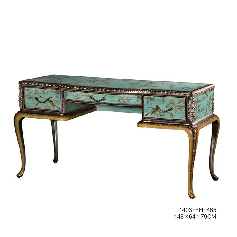 

French neo-classical Chinese style hand-painted blue flowers and birds 1.5m mahogany desk