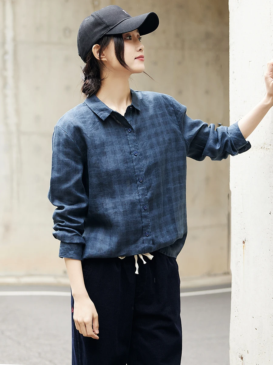 

Pure Linen Collar irt Women's Long Sve Plaid Cotton Linen Spring Autumn New Sle Versatile Base Layer Top irt