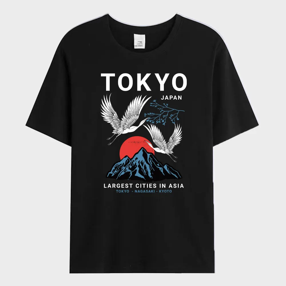 2024 Summer Men's T-shirt Japan Tokyo Flying Crane Printed T-shirt Fashion Street Short Sleeve Oversized Tee Shirt Men Clothes