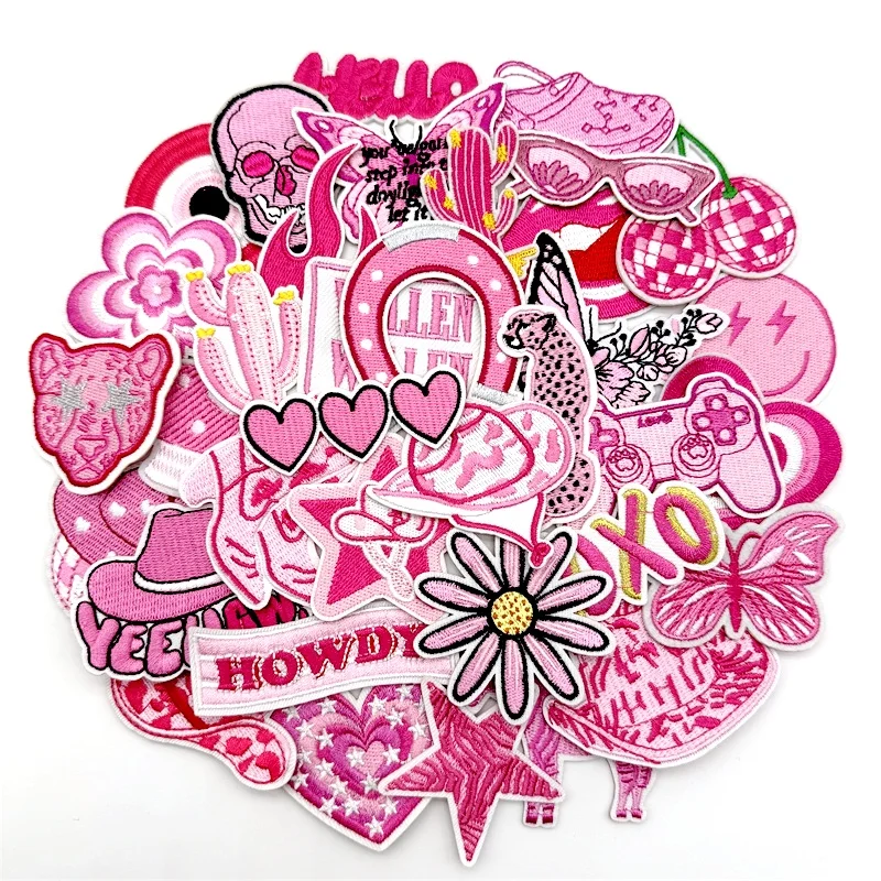 15/25/35/45/55pcs/lot Pink Assorted Embroidered Patches Applique for Clothin  Iron on Patches DIY Decoration Stripes Stickers