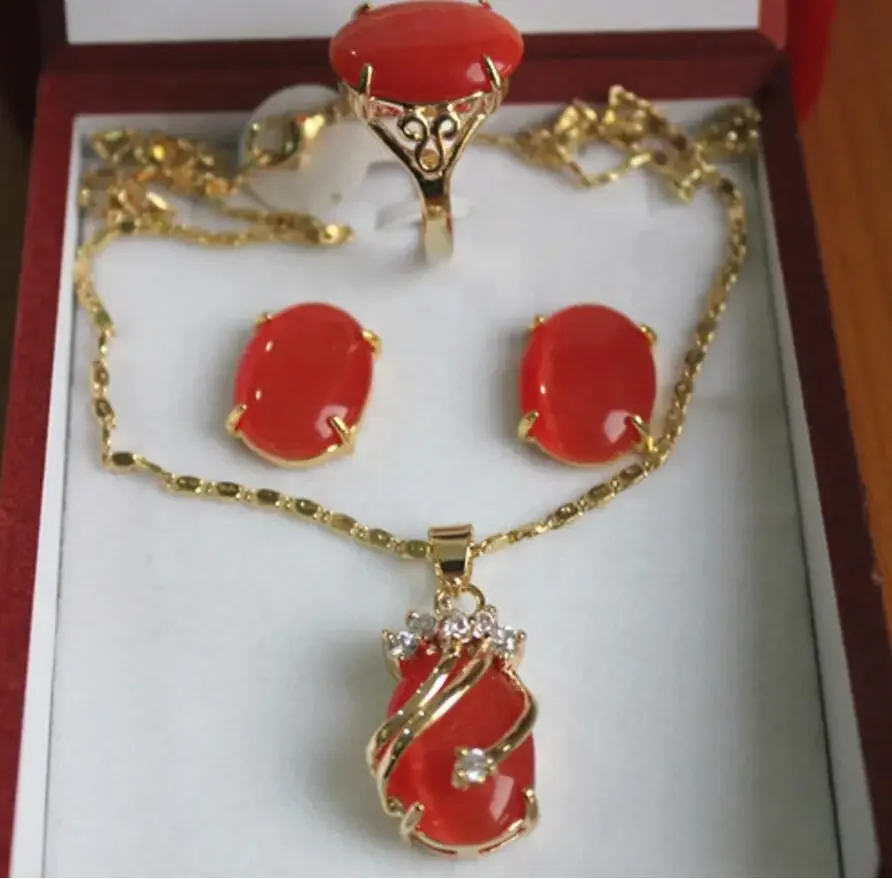 

12X18MM Beads Red /Green Cat's Eye stone Pendant Earring Ring Jewelry Set