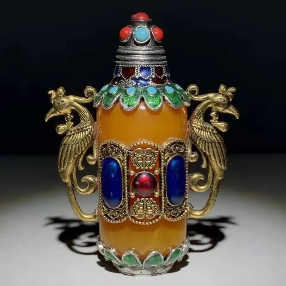 Chinese antique collection of double-sided pure copper glass longfeng style copper snuff bottle snuff bottle old objects