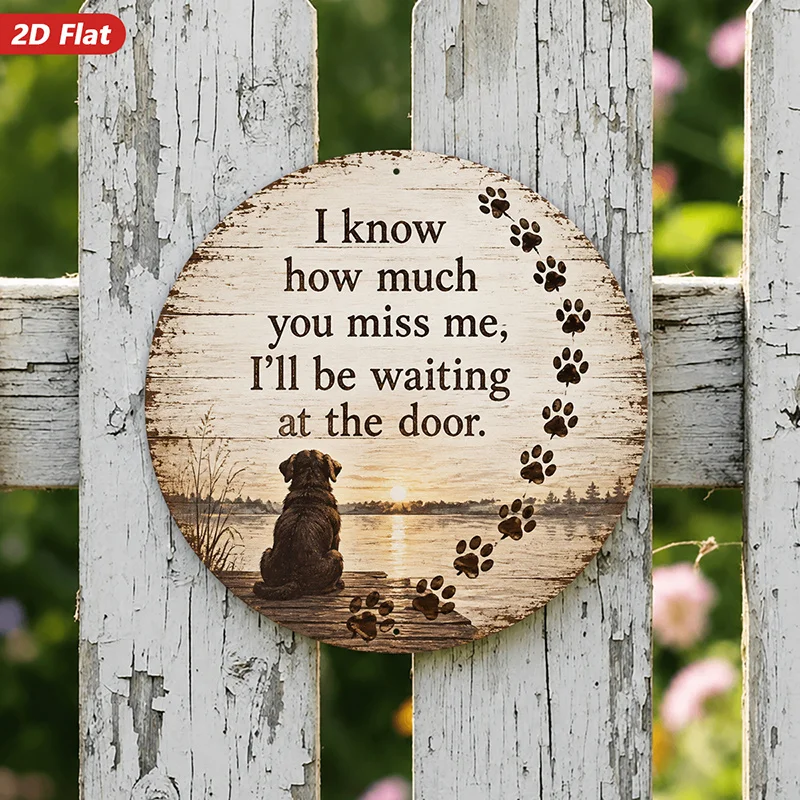 2D Flat, 1pc Waiting at Door Round Metal Sign Wall Art, Home Decor, Seated Dog by Lakeside Dock, Sunset Reflection, Paw Print Tr
