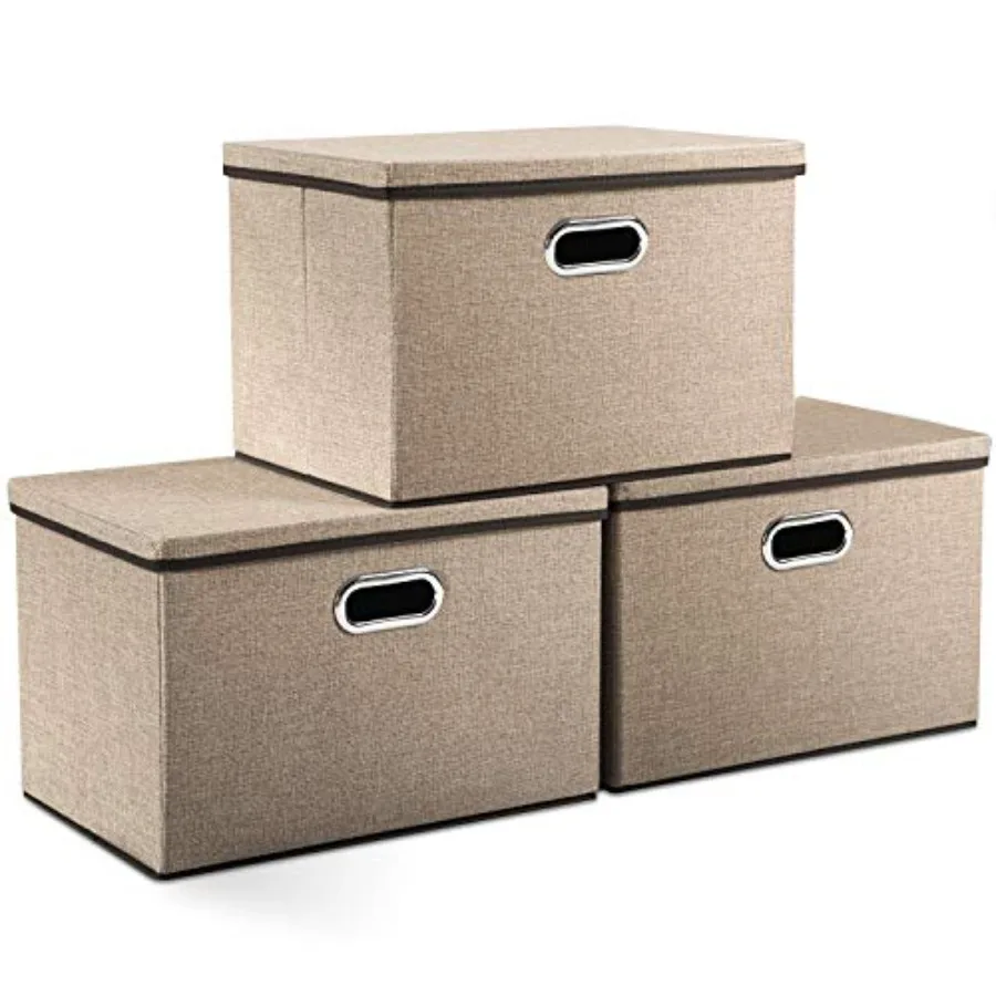 

Large Collapsible Storage Bins with Lids [3-Pack] Jute Fabric Foldable Storage Boxes Organizer Containers Baskets Cube with Cov