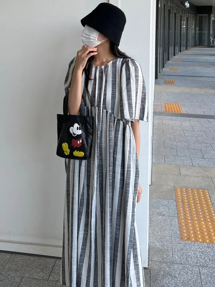 

Summer Chic Lazy Sle round Ne Color Blo Striped Design Loose Midi Dr Women's ort Sve Dr Sweet Sle