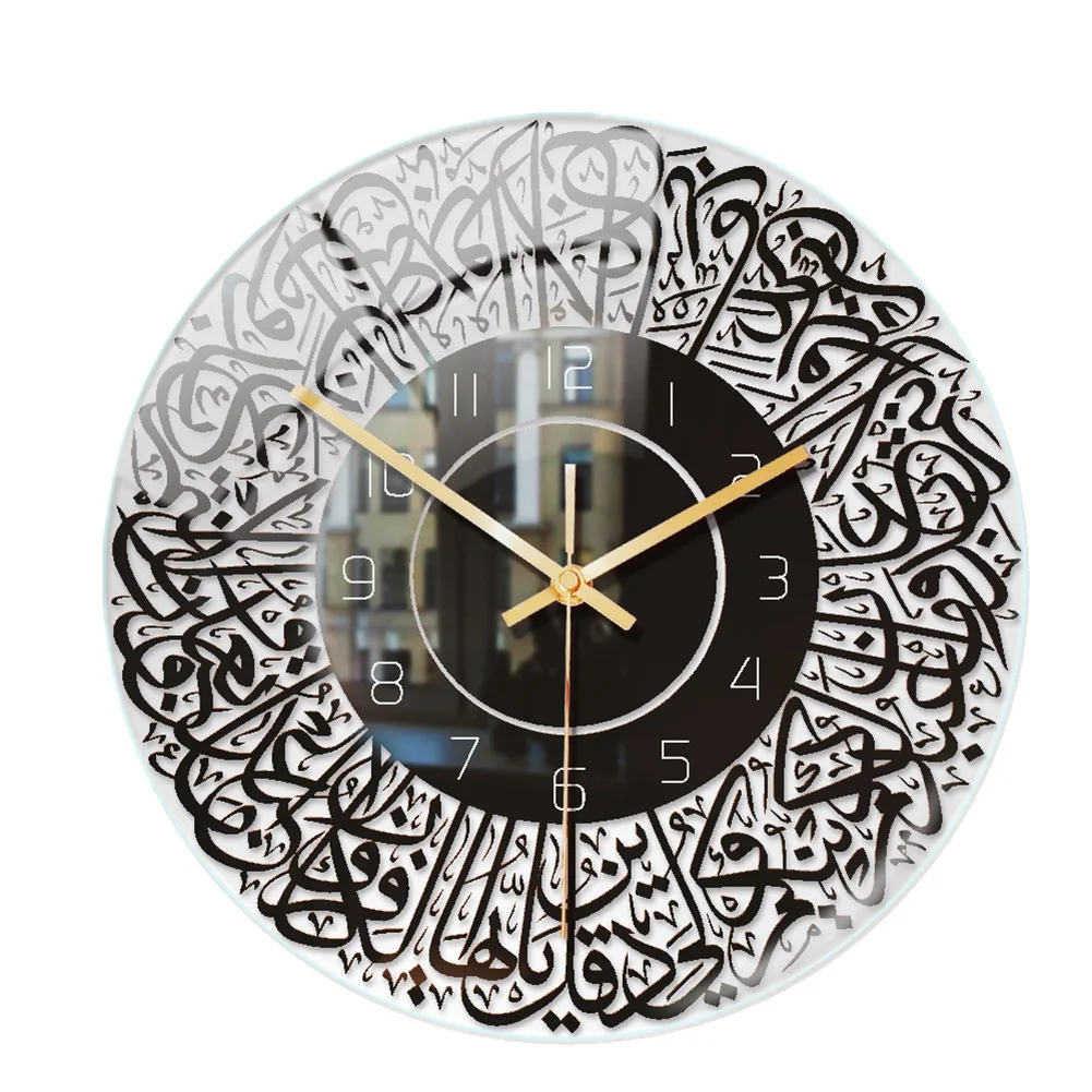 Reloj de pared acrílico de cuarzo islámico, péndulo, decoración musulmana para sala de estar, arte, colgante de reloj de pared interior (negro)