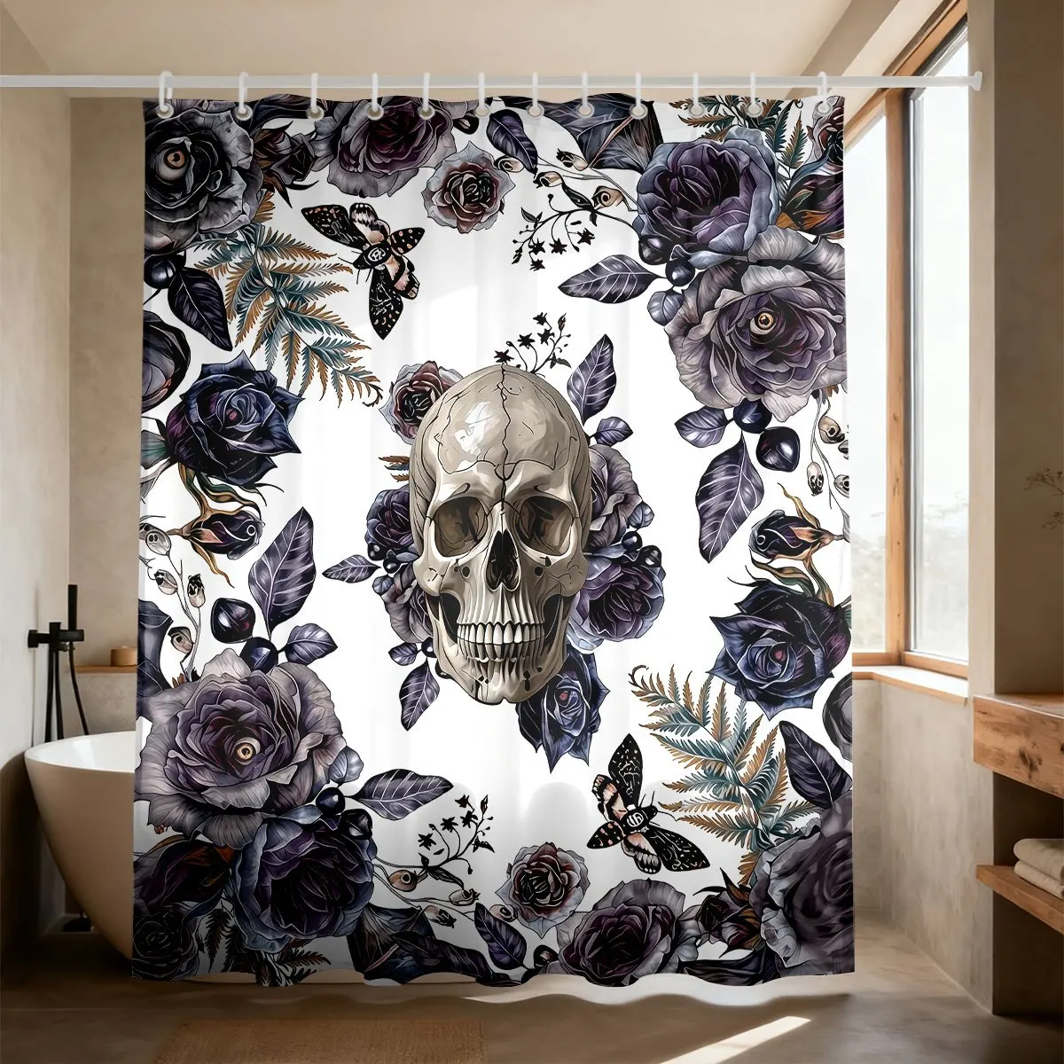 Dark Gothic Style Human Skull With Deep Purple Rose Flowers And Death‑head Moth Bath curtain, Cozy Soft Warm 