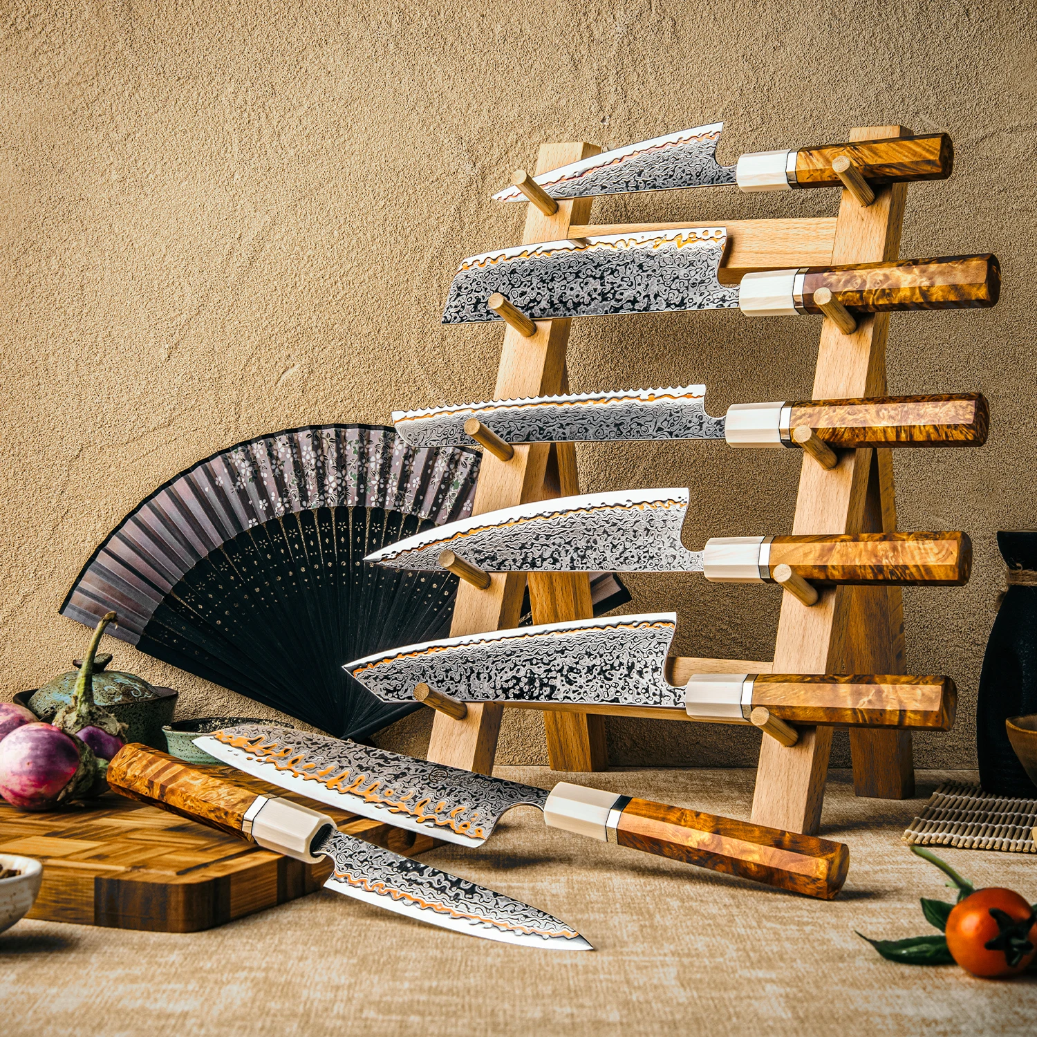 Grandsharp 1-7Pcs 55 Layers Copper Damascus Steel 10Cr15CoMoV Core Original Octagonal Handle Design Knives For Precision Cutting